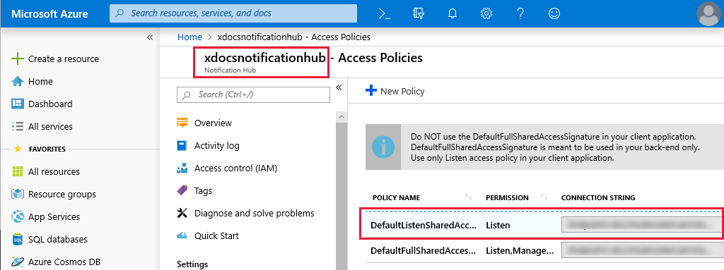 Screenshot of the Azure Notification Hub access policy