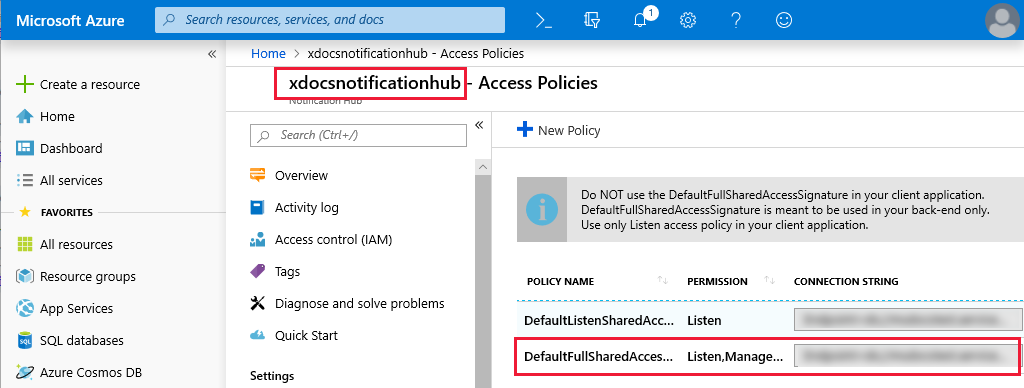 Screenshot of the Azure Notification Hub name and FullAccessConnectionString