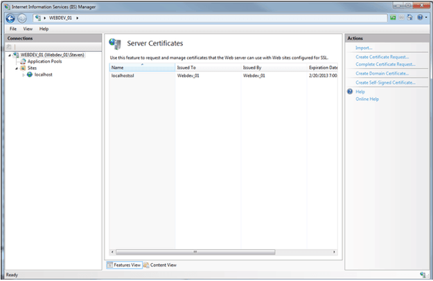 Self-sign certificate activated in IIS